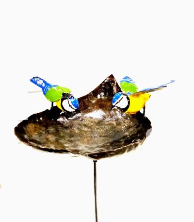 "Handcrafted METAL BLUE TIT HEART BOWL ON STICK garden decor and bird feeder"