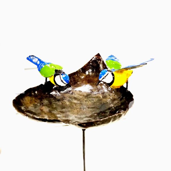 "Handcrafted METAL BLUE TIT HEART BOWL ON STICK garden decor and bird feeder"